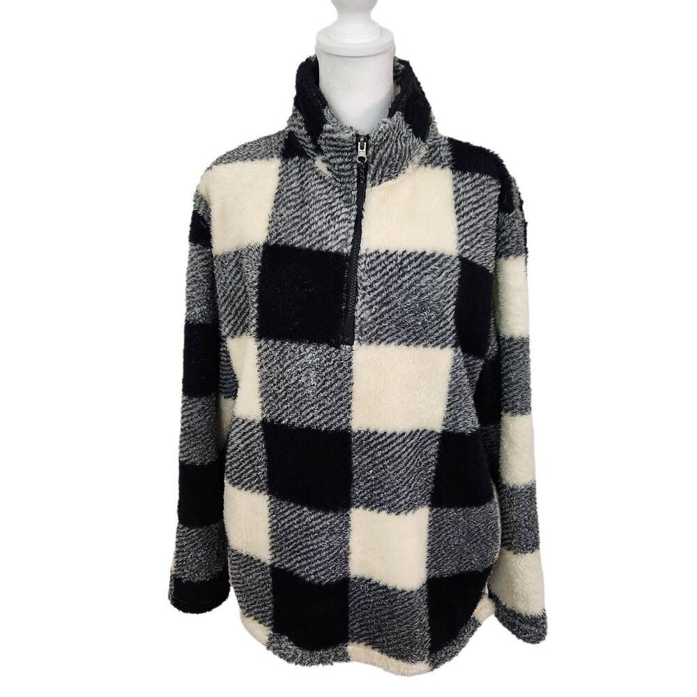 Stillwater Supply Black Cream Buffalo Check Fleece Pullover Size Large